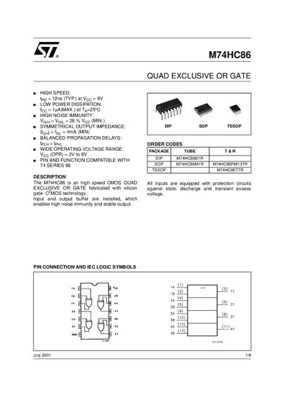 STMicroelectronics M74HC86 Quad Exclusive OR Gate Datasheet - cover page