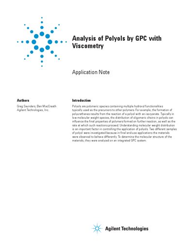Agilent PL-GPC 50 Plus Analysis of Polyols by GPC with Viscometry Application Note - cover page