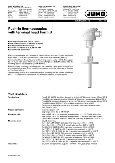 JUMO Form B Push-in Thermocouples Data Sheet - cover page