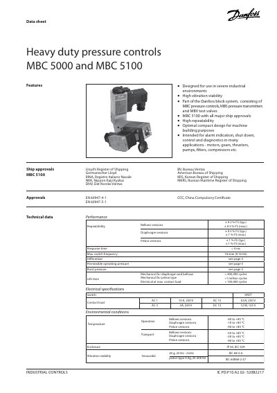 Danfoss MBC 5000 and MBC 5100 Pressure Controller Datasheet - cover page