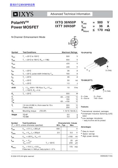 IXYS IXTQ/IXTT 36N50P Power MOSFET Datasheet - cover page