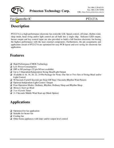 Princeton Technology PT2127A Fan Controller IC Datasheet - cover page