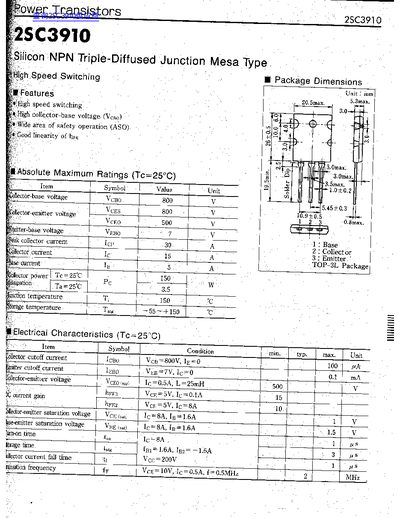 Rohm 2SC3910 Power Transistor Datasheet - cover page