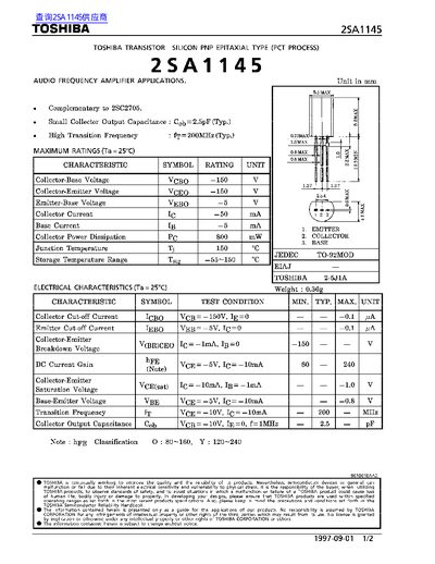 Toshiba 2SA1145 Datasheet - cover page