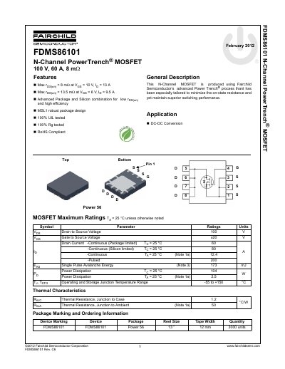 Fairchild FDMS86101 N-Channel MOSFET Datasheet