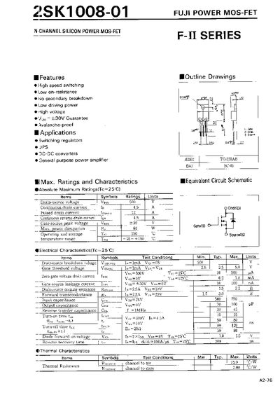 FUJI 2SK108-01 N-Channel Silicon Power MOSFET Datasheet - cover page