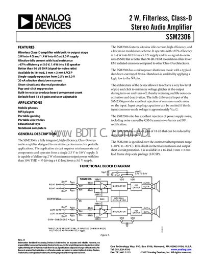 Analog Devices SSM2306 Audio Amplifier Datasheet - cover page