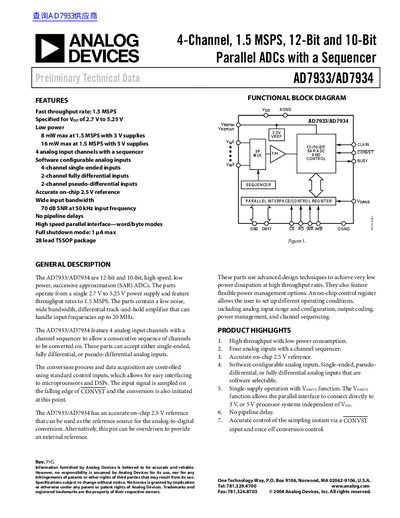 ANALOG DEVICES 4-Channel 1.5 MSPS 12-Bit 10-Bit Parallel ADCs with a Sequencer AD7933/AD7934 handbook - cover page