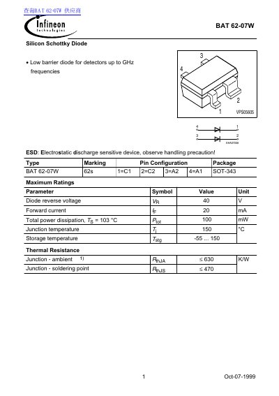 Infineon BAT 62-07W Silicon Schottky Diode Datasheet - cover page