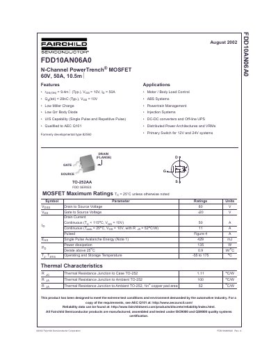 FAIRCHILD FDD10AN06A0 N-Channel PowerTrench MOSFET 60V 50A 10.5mOhm handbook - cover page
