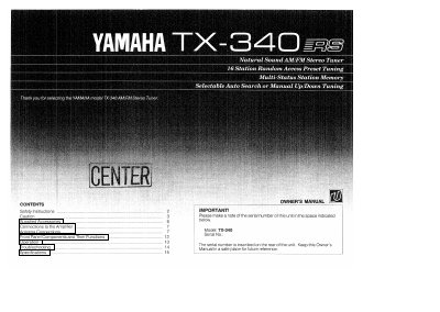 Yamaha TX-340 Natural Sound AM/FM Stereo Tuner Owner's Manual - cover page