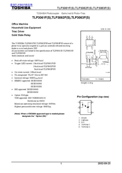 Toshiba TLP3061F(S), TLP3062F(S), TLP3063F(S) Photocoupler Datasheet - cover page