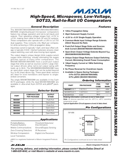 Maxim MAX987/MAX988/MAX991/MAX992/MAX995/MAX996 Comparator Datasheet - cover page
