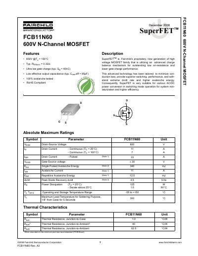 Fairchild Semiconductor FCB11N60 600V N-Channel MOSFET Datasheet - cover page