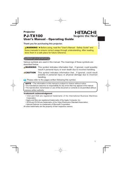 Hitachi PJ-TX100 Projector User Manual