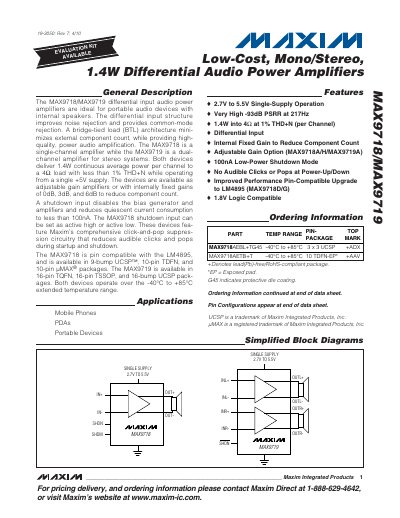 Maxim MAX9718/MAX9719 Differential Input Audio Power Amplifier Datasheet