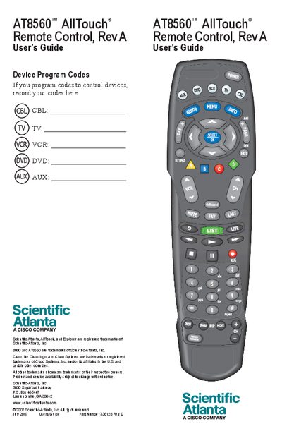 Scientific Atlanta AT8560 AllTouch Remote Control User Manual - cover page