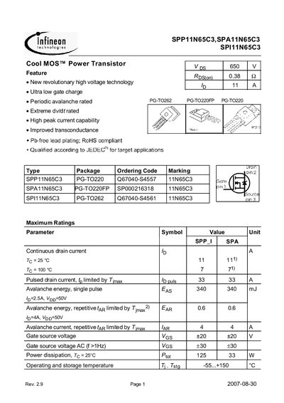 Infineon SPP11N65C3 Power Transistor Datasheet