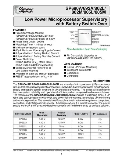 Sipex SP690A/692A/802L/802M/805L/805M Low Power Microprocessor Supervisory with Battery Switch-Over Handbook