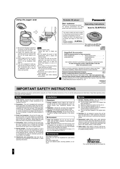 Panasonic SL-MP353J Portable CD Player Operating Instructions