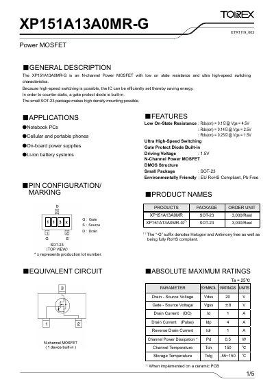 Torex XP151A13A0MR-G Power MOSFET Datasheet - cover page