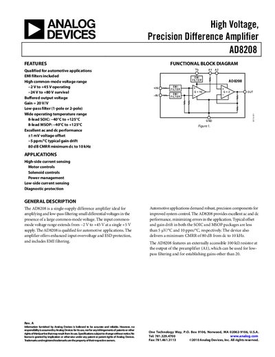 Analog Devices AD8208 Precision Difference Amplifier Datasheet - cover page