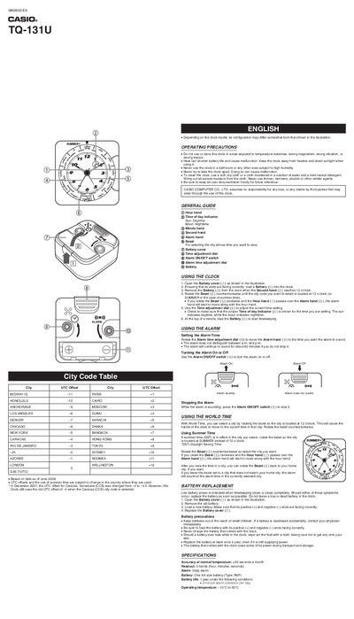 Casio TQ-131U World Clock User Manual - cover page