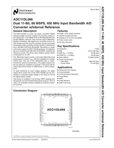 NATIONAL SEMICONDUCTOR ADC11DL066 Dual 11-Bit 66 MSPS 450 MHz Input Bandwidth A/D Converter w/Internal Reference Manual - cover page