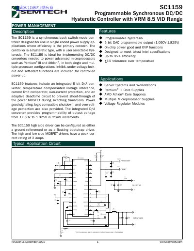 Semtech SC1159 Programmable Synchronous DC/DC Hysteretic Controller Datasheet - cover page