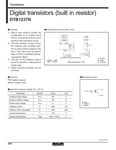 ROHM DTB123TK Digital Transistor Datasheet - cover page