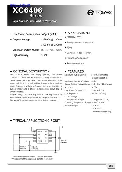 Torex XC6406 High Current Dual Positive Regulator Datasheet - cover page