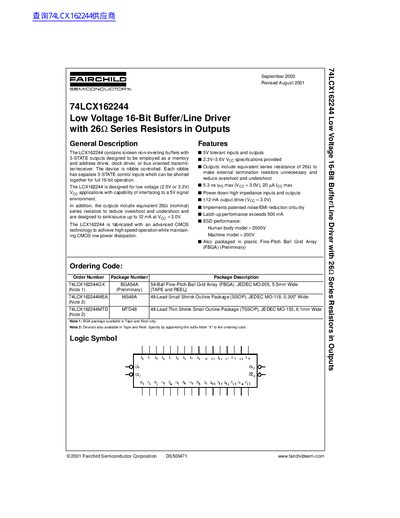 Fairchild Semiconductor 74LCX162244 Low Voltage 16-Bit Buffer/Line Driver Datasheet - cover page