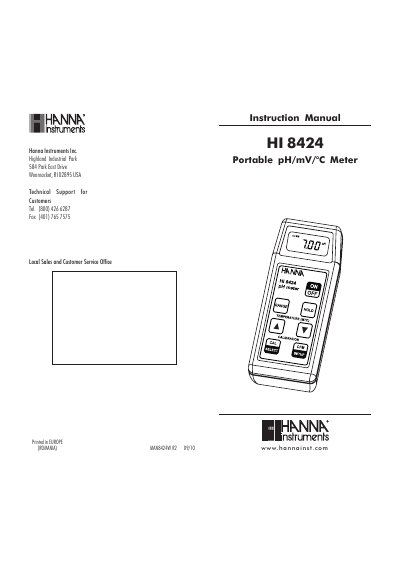 Hanna Instruments HI 8424 Portable pH/mV/°C Meter Instruction Manual - cover page