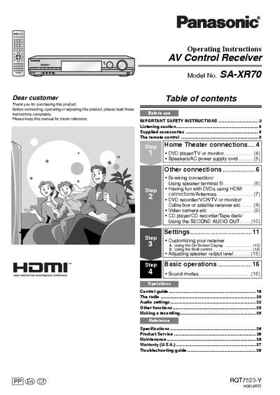 Panasonic SA-XR70 Red AV Control Receiver Operating Instructions - cover page