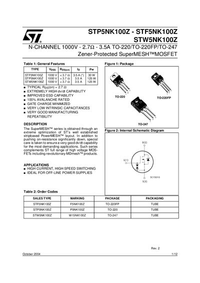 STMicroelectronics STP5NK100Z / STF5NK100Z / STW5NK100Z MOSFET Datasheet - cover page