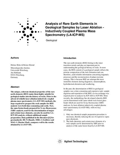 Agilent 7500i ICP-MS Application Note: LA-ICP-MS Analysis of Rare Earth Elements - cover page