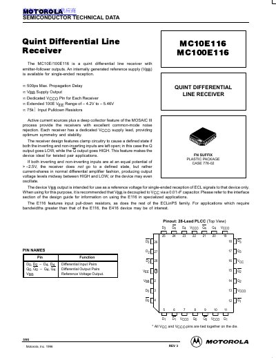Motorola MC10E116/MC100E116 Quint Differential Line Receiver Datasheet - cover page