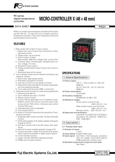 Fuji Electric PXG4 Temperature Controller Datasheet - cover page