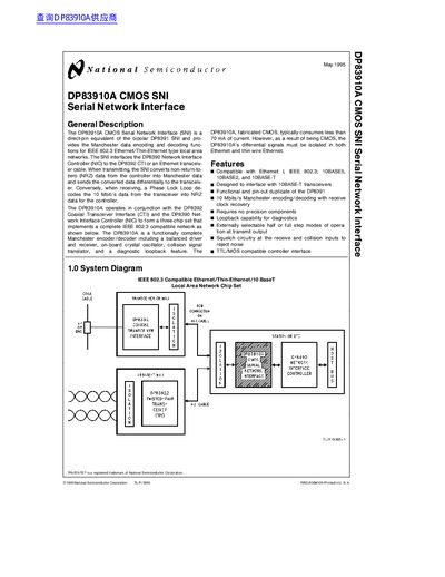 National Semiconductor DP83910A Serial Network Interface Datasheet - cover page