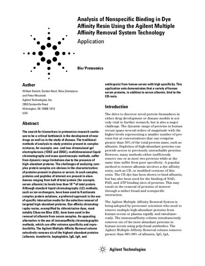 Analysis of Nonspecific Binding in Dye Affinity Resin Using the Agilent Multiple Affinity Removal System Technology Appl - cover page