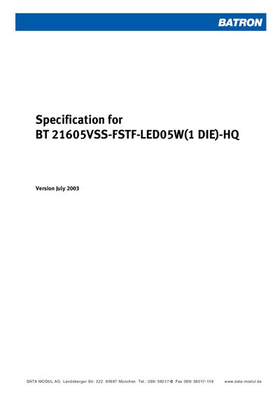BATRON BT 21605VSS-FSTF-LED05W(1 DIE)-HQ LCD Module Specification - cover page