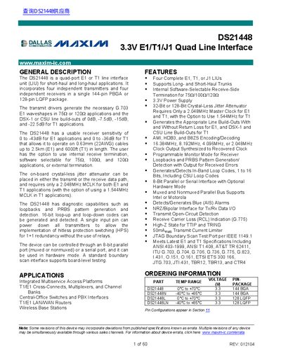 Maxim DS21448 3.3V E1/T1/J1 Quad Line Interface Datasheet - cover page