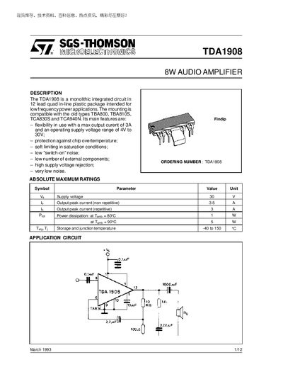 SGS-Thomson TDA1908 Audio Amplifier Datasheet