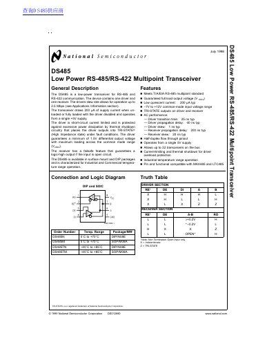 National Semiconductor DS485 Low Power RS-485/RS-422 Multipoint Transceiver Datasheet - cover page