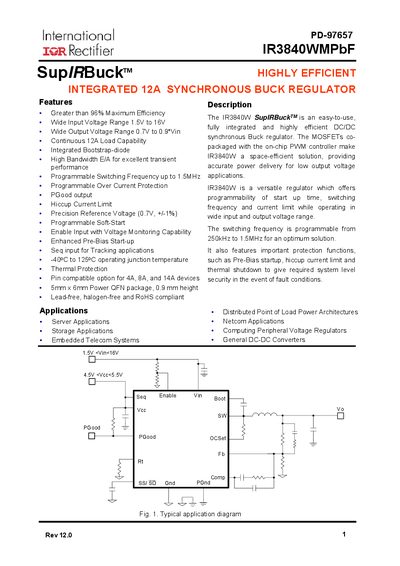 International Rectifier IR3840WMPbF PD-97657 Synchronous Buck Regulator Datasheet - cover page