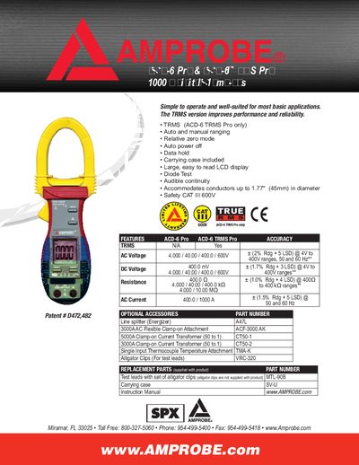 AMPROBE INSTRUMENTS ACD-6 Pro ACD-6 TRMS Pro 1000 A Digital Clamp-ons Manual