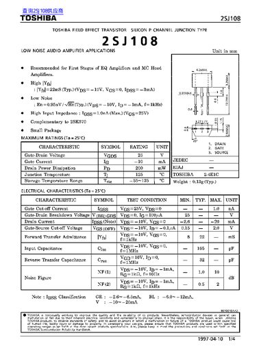 Toshiba 2SJ108 Field Effect Transistor Datasheet - cover page