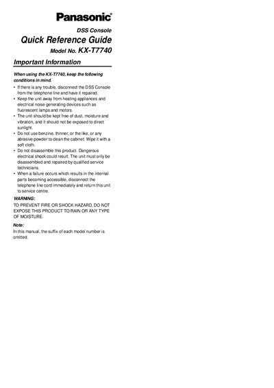 Panasonic KX-T7740 DSS Console Quick Reference Guide - cover page