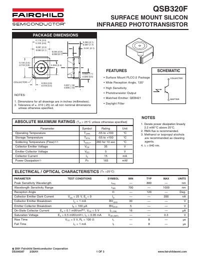 Fairchild QSB320F Infrared Phototransistor Datasheet