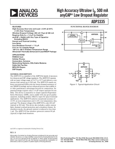 Analog Devices ADP3335 High Accuracy Ultralow IQ 500 mA anyCAP® Low Dropout Regulator Datasheet - cover page